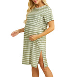 Striped nursing maternity dress in natural color with short sleeves, perfect for summer wear.