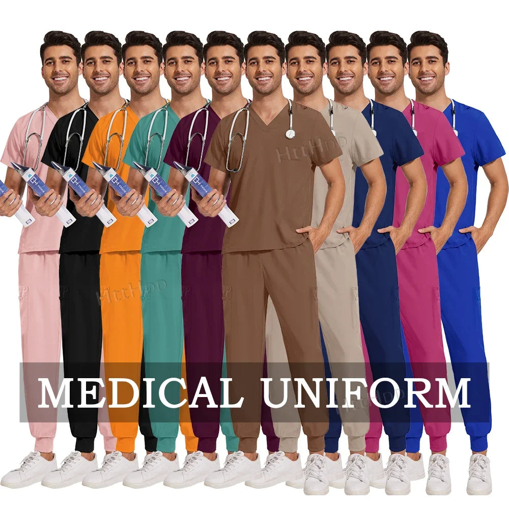 Unisex nurse surgical scrub suit jogger set in various colors, suitable for medical and work environments.