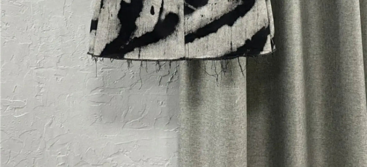 DyeDrape™ – Tie-Dye Short Denim Skirt (Black Gray, Fringed A-Line)