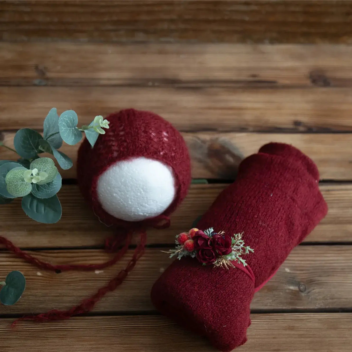 Newborn stretch knit mohair set with a red hat and matching wrap, designed for babies ages 0-1 year.