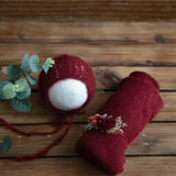 Newborn stretch knit mohair set with a red hat and matching wrap, designed for babies ages 0-1 year.