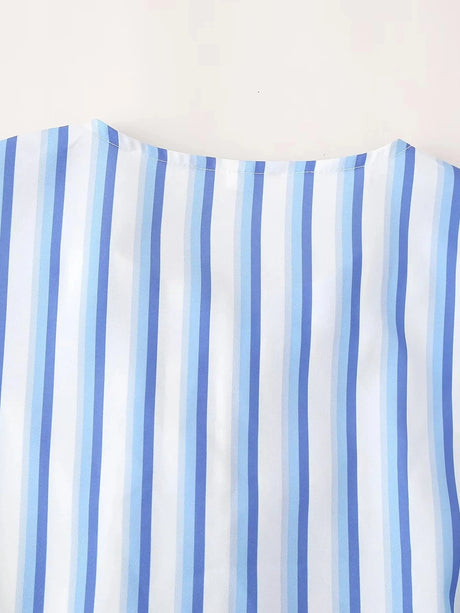 BowChic™ Stripe Lace-Up Blouse featuring a blue and white striped pattern with a stylish O-neck collar.