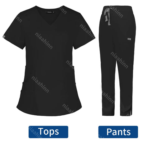 Solid color women's scrub set featuring V-neck top and matching pants for veterinary and beauty professionals.