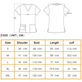 Size chart for Women’s Hospital Nurse Scrubs, featuring dimensions for S, M, L, XL, 2XL in cm.