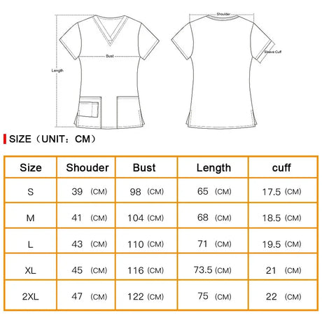 Size chart for Women’s Hospital Nurse Scrubs, featuring dimensions for S, M, L, XL, 2XL in cm.
