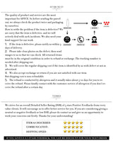 Return policy information detailing product quality, returns, feedback, and customer service for ADYC.