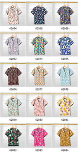 Collection of colorful floral printed short-sleeve shirts displayed in grid format, showcasing various patterns and styles.