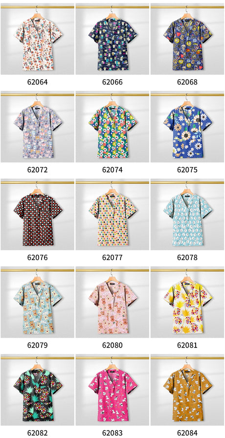 Collection of colorful floral printed short-sleeve shirts displayed in grid format, showcasing various patterns and styles.