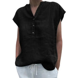 BreezyLuxe™ Cotton Linen V-Neck Blouse in black, stylish summer top for juniors, quick-dry, and comfortable fit.