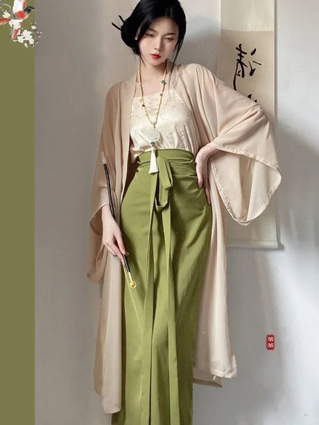 Elegant woman in a Princess Song Dynasty Hanfu, showcasing a beige robe paired with green trousers.