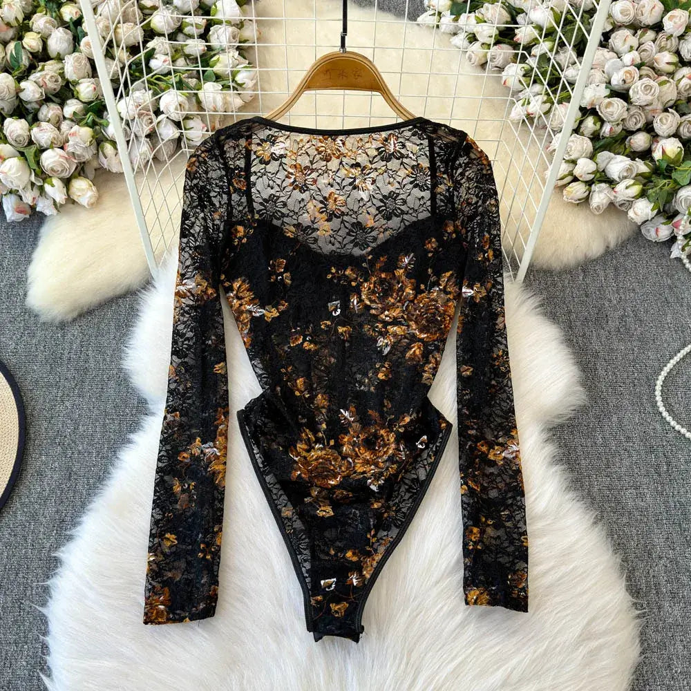 Women Square Neck Mesh Print Bodysuit