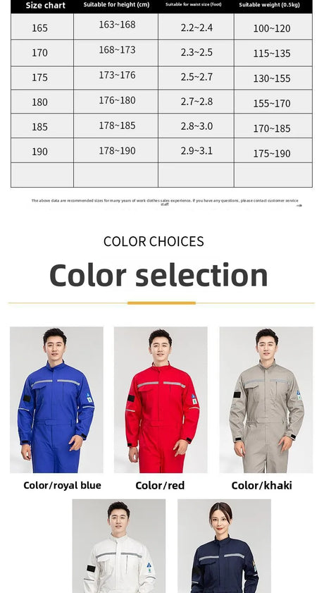 Size chart and color options for Pure Cotton Anti-Static Flame-Resistant Welding Suit in blue, red, and khaki.