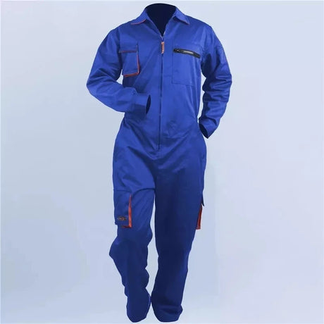 Mechanic welding coveralls in blue, windproof, waterproof, plus size uniform for auto repair and safety.