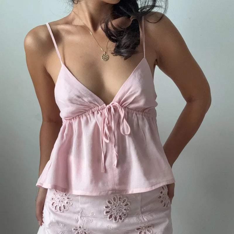 Off Shoulder V‑Neck Pink Crop Tank Top