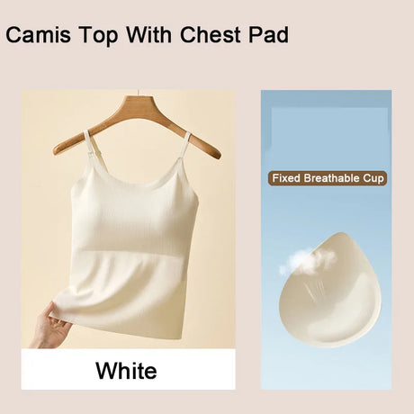 BraChic™ Ice Silk Cami with Built-in Bra in White, featuring a breathable chest pad for comfort.
