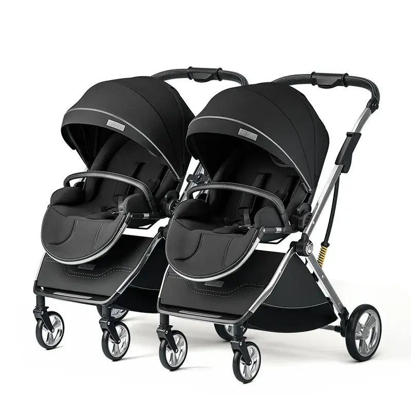 Twin baby stroller in black with aluminum alloy frame, designed for children aged 0-6 years, foldable and easy to maneuver.