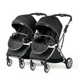 Twin baby stroller in black with aluminum alloy frame, designed for children aged 0-6 years, foldable and easy to maneuver.