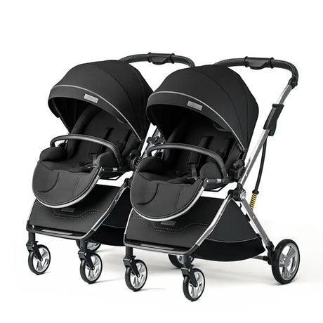 Twin baby stroller in black with aluminum alloy frame, designed for children aged 0-6 years, foldable and easy to maneuver.