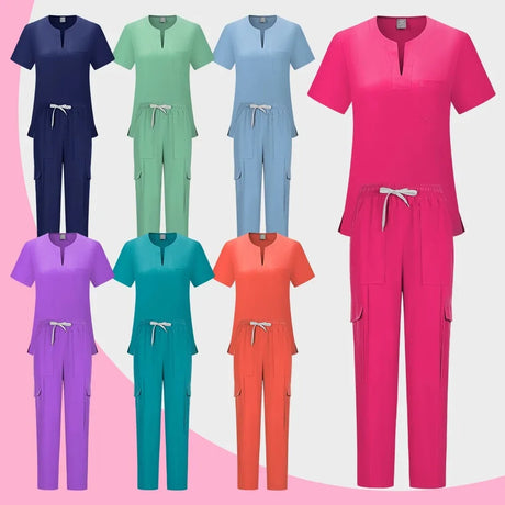 Colorful women’s hospital scrub suits in various shades, ideal for healthcare and veterinary professionals.