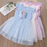 Girls summer princess dress featuring light blue color with sparkly tulle, inspired by Disney's Frozen.