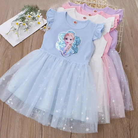 Girls summer princess dress featuring light blue color with sparkly tulle, inspired by Disney's Frozen.