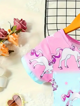 Knee-length unicorn dress for girls, featuring pink and blue cartoon pattern, perfect for summer casual wear.