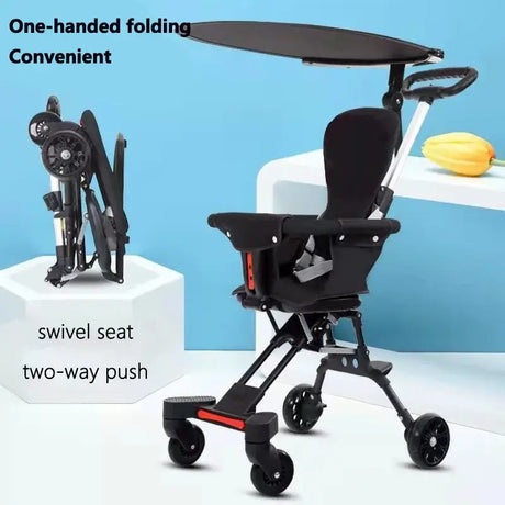Light foldable baby stroller with one-handed folding, swivel seat, and two-way push feature.