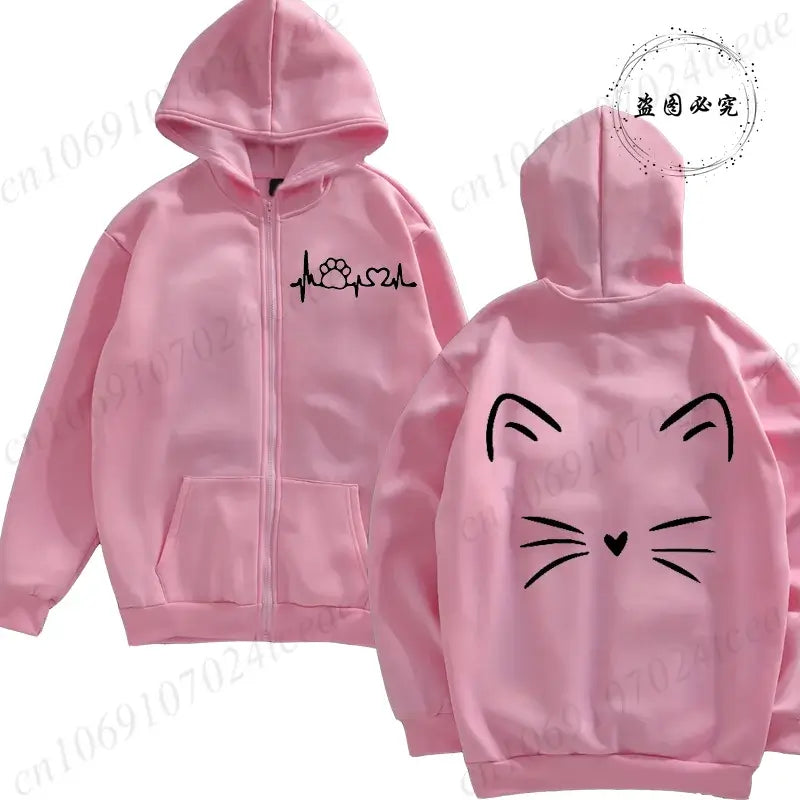 Women Cat Print Zip Hoodie Jacket Streetwear Coat