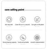 Infographic highlighting core selling points of Light Foldable Baby Stroller: two-way seat, quick fold, airplane friendly, and portability.
