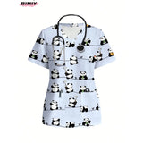 Colorful cartoon panda print nursing scrub top with pockets and stethoscope, perfect for medical professionals.