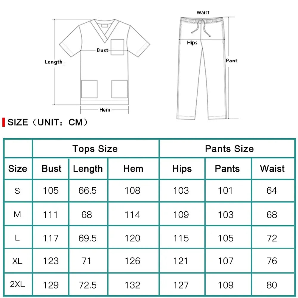 Size chart for elastic medical scrub set, including tops and pants measurements in centimeters.