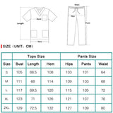 Size chart for elastic medical scrub set, including tops and pants measurements in centimeters.