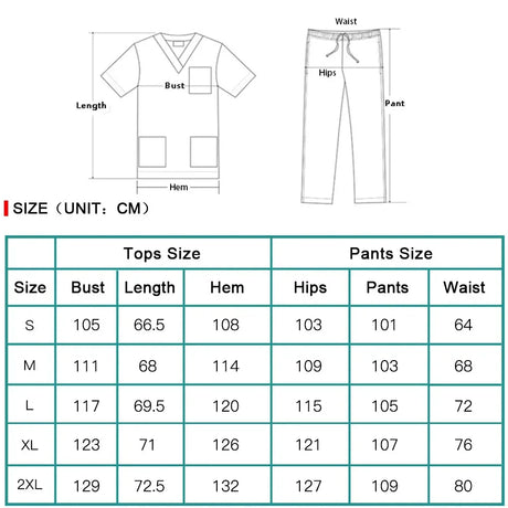 Size chart for elastic medical scrub set, including tops and pants measurements in centimeters.