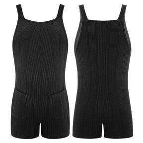 Sleeveless ribbed maternity jumpsuit in black, featuring a loose fit and pockets, perfect for casual summer wear.