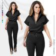 Women’s medical scrub set featuring a zippered top and stylish pants, available in multiple colors.