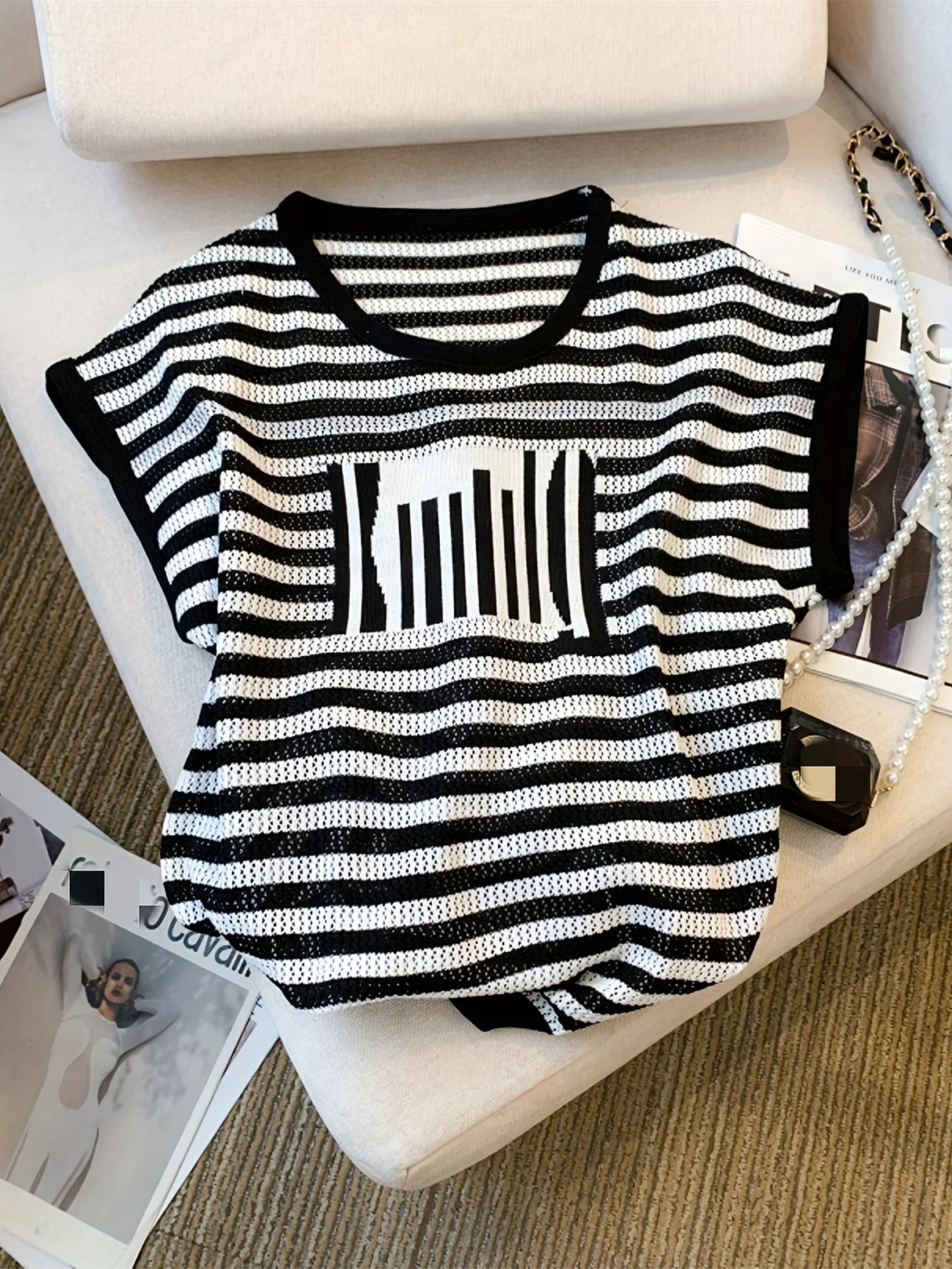 Women's Striped O-Neck Crop Sweater