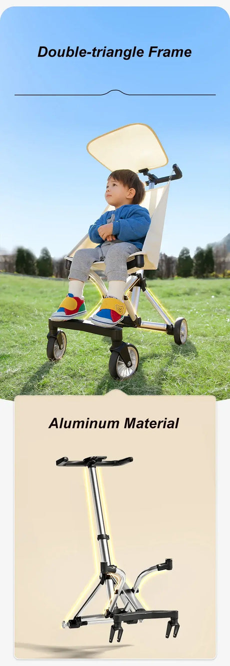Lightweight travel stroller with double-triangle frame and aluminum material, perfect for children aged 1-6 years.