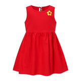 Red sleeveless girl vest dress with flower embellishment, perfect for spring and summer fashion for ages 4-6.