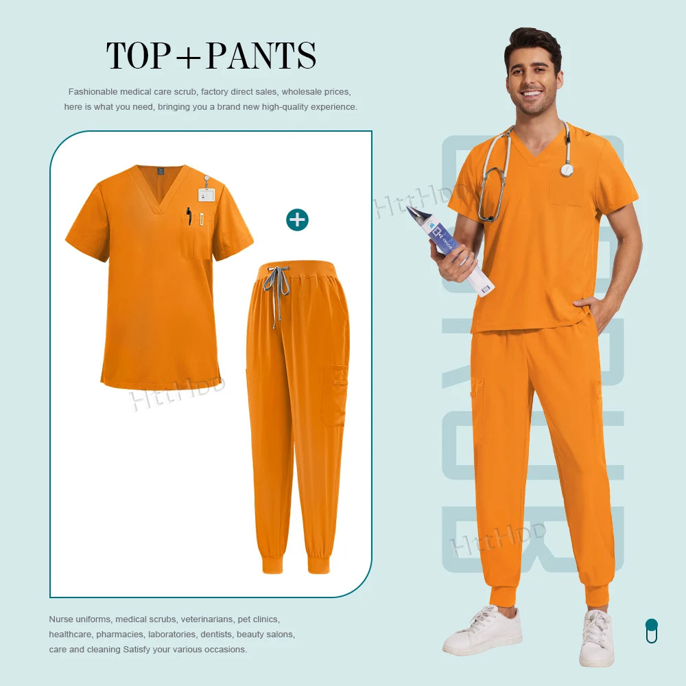 Unisex nurse surgical scrub suit jogger set in orange, featuring breathable twill fabric and pockets, ideal for medical professionals.