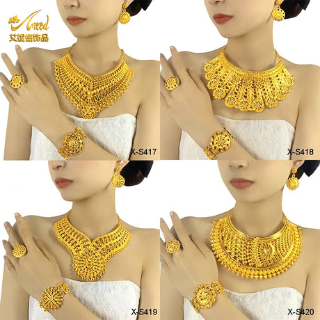 Luxury Indian bridal jewelry set featuring necklaces, earrings, rings, and bracelets in 24K gold finish.