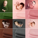 Collage of newborns wrapped in soft blankets showcasing colors for photography. Includes shades of green, pink, and brown.