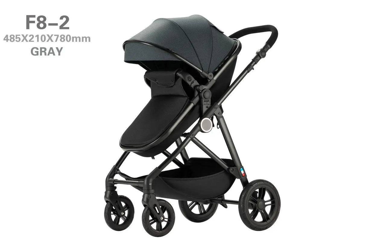 High-view Four-wheel Baby Stroller F8-2 in gray, suitable for infants and toddlers, foldable, with a modern design.