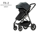 High-view Four-wheel Baby Stroller F8-2 in gray, suitable for infants and toddlers, foldable, with a modern design.