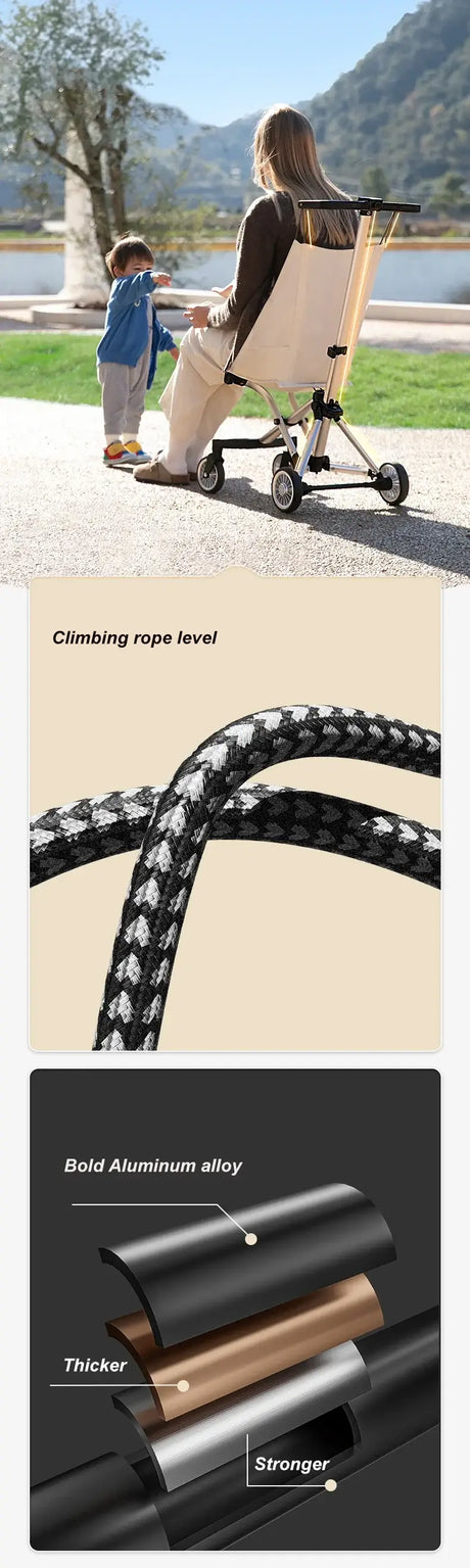 Lightweight travel stroller with climbing rope feature and bold aluminum alloy construction for durability.