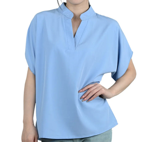 ViviCharm V-Neck Flare Sleeve Blouse in light blue, designed for midlife women, showcases an elegant and airy style.