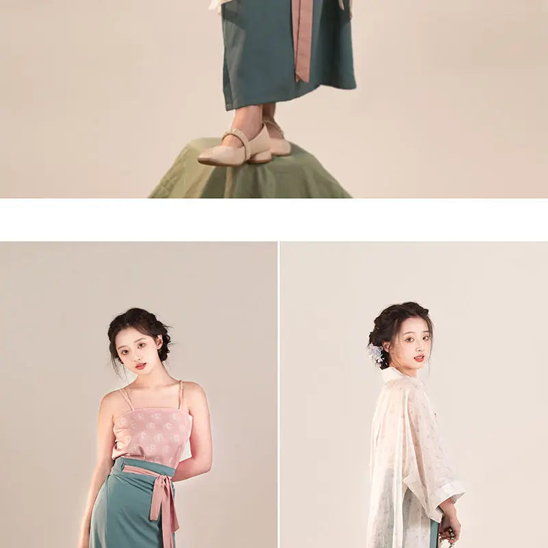 Song Dynasty Hanfu three-piece outfit for women, featuring a stylish pastel top and layered skirt.