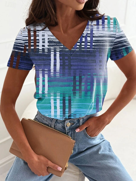 Vintage Floral 3D Print V-Neck T-Shirt for women, featuring a stylish blue and green pattern, perfect for casual wear.