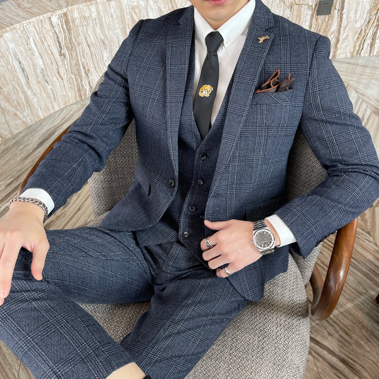 Men Plaid 3-Piece Business Suit