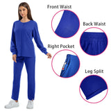 Dustproof nursing scrubs set for women showcasing front and back waist design, right pocket, and leg split in vibrant blue.