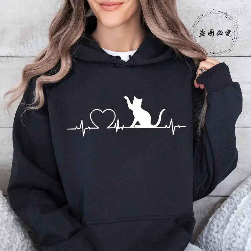 Women Cat Heartbeat Print Hoodie Streetwear Pullover